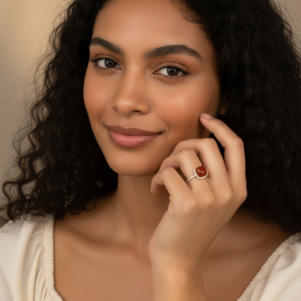 925 Sterling Silver Ring 8mm Square Red Natural Agate Gemstone Women Bridal Jewelry Cute Gift for Her