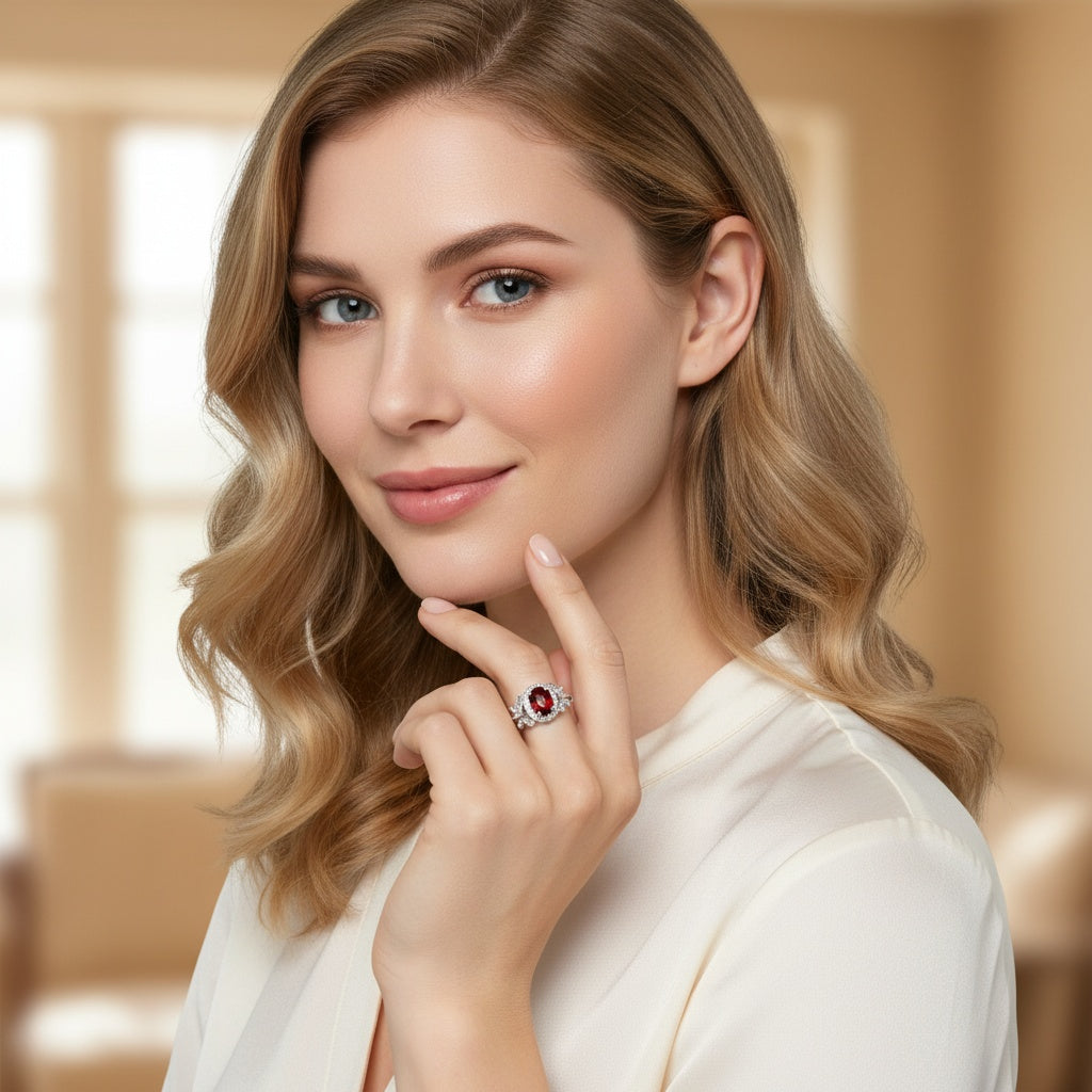 925 Sterling Silver Ring Oval 7x5mm Red Natural Rhodolite Garnet Gemstone Zircon Butterfly Women Bridal Jewelry Gift for Her, Mother