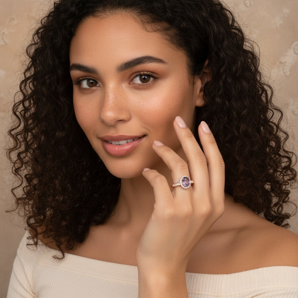 925 Sterling Silver Ring 9x6mm Purple Natural Amethyst Gemstone Zircon Women Bridal Jewelry Gift