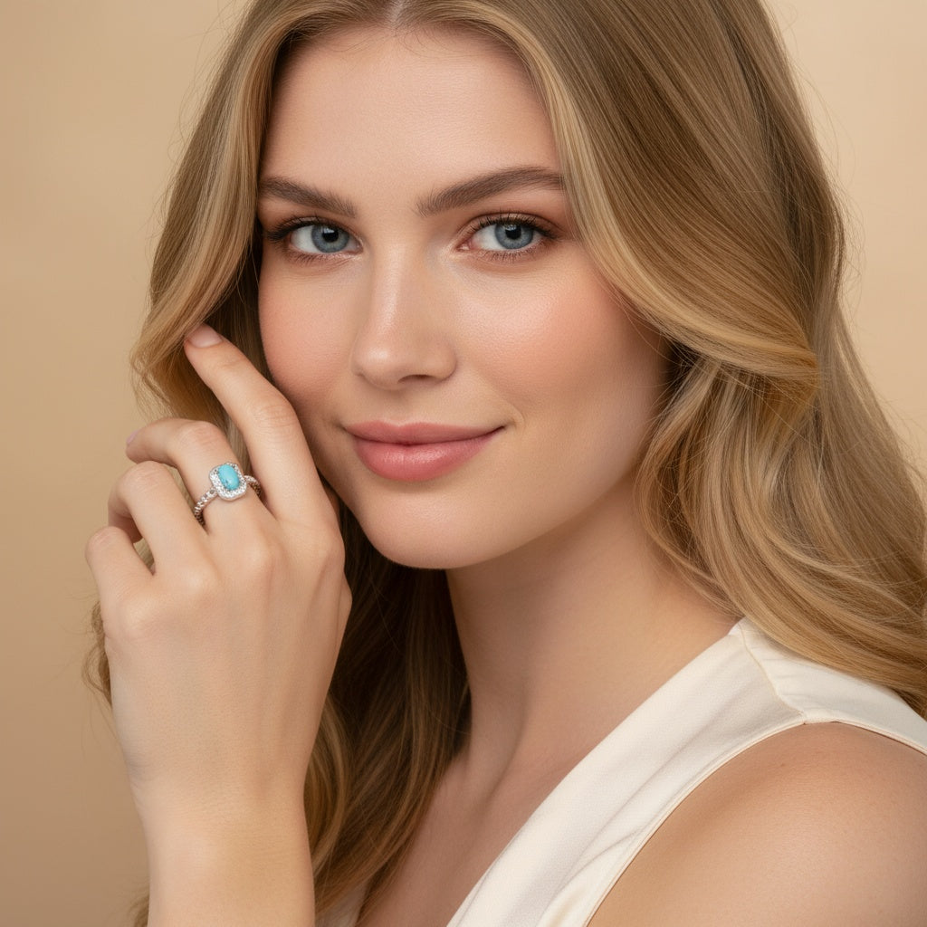 925 Sterling Silver Ring 5x3mm Blue Square Natural Turquoise Gemstone Zircon Women Bridal Jewelry Gift