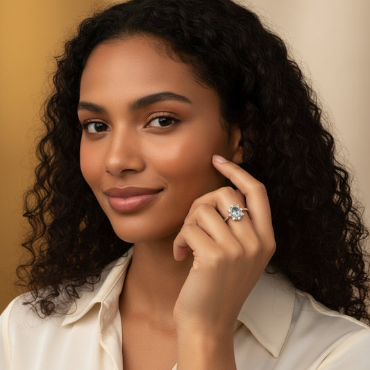 925 Sterling Silver Ring Oval 6x4mm Natural Blue Topaz Gemstone Zircon Pearl Women Bridal Jewelry Gift