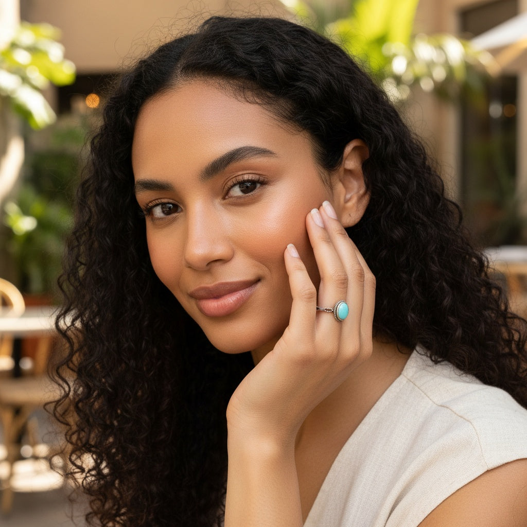 925 Sterling Silver Ring Oval 8x6mm Blue Natural Turquoise Gemstone Boho Women Cute Jewelry Gift for Her, Sister