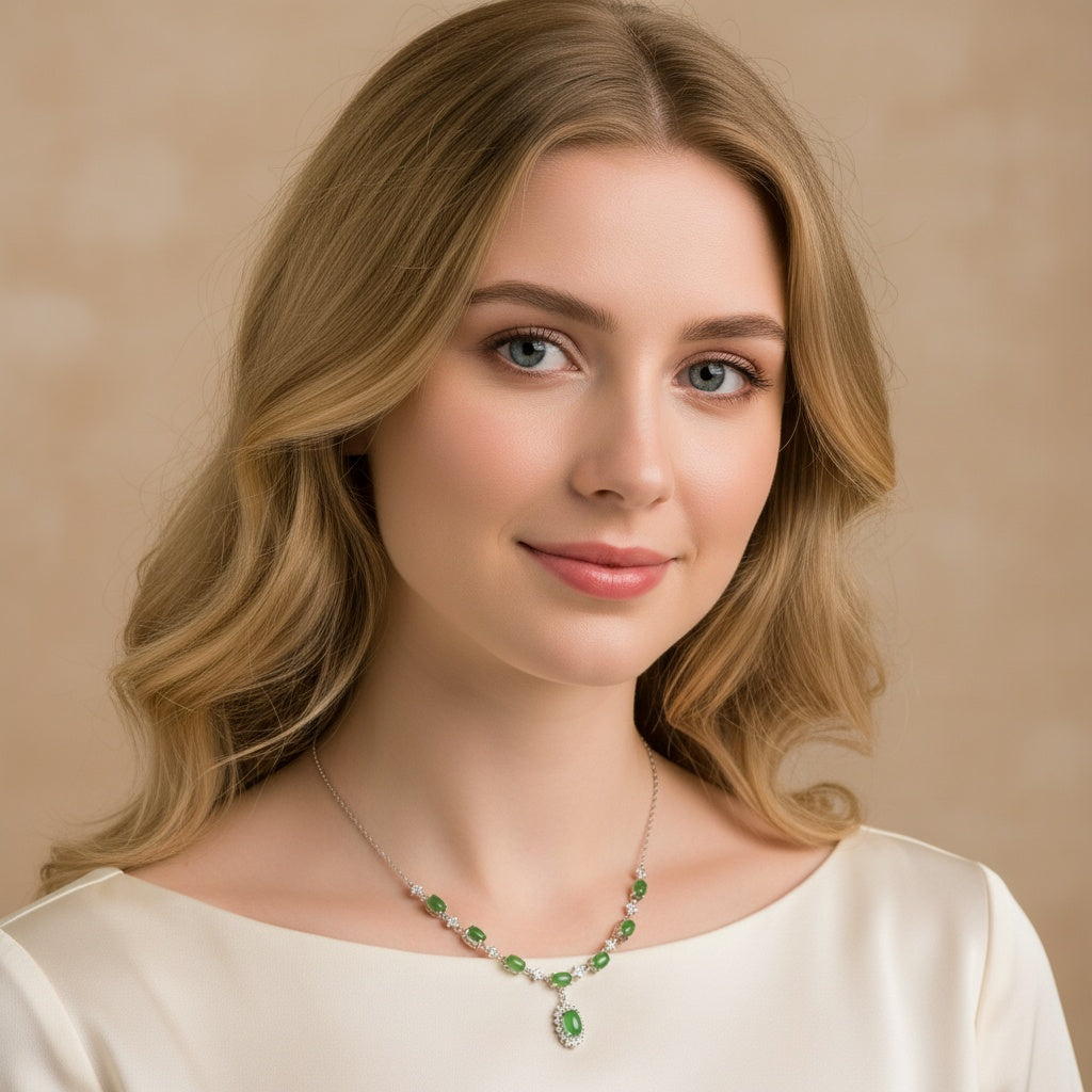 925 Sterling Silver Necklace 6x4mm Green Natural Emerald Gemstone Beaded Pendant Women Jewelry Gift