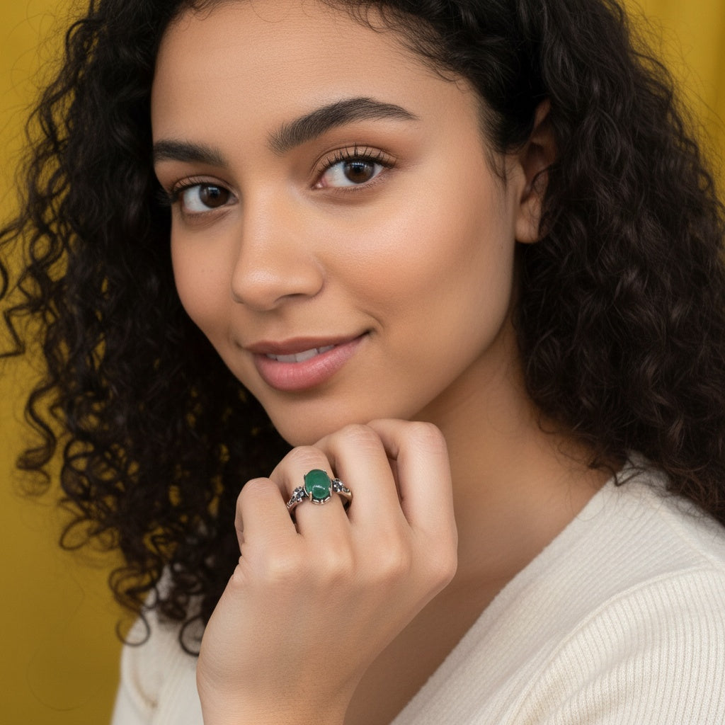 925 Sterling Silver Ring 8x6mm Natural Emerald Gemstone Women Jewelry Green Gift