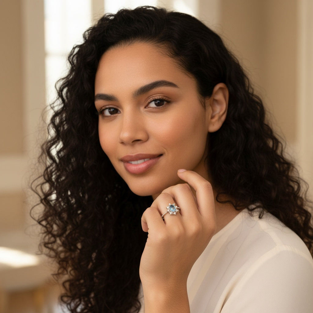 925 Sterling Silver Ring Oval 6x4mm Natural Blue Topaz Gemstone Zircon Pearl Women Bridal Jewelry Gift