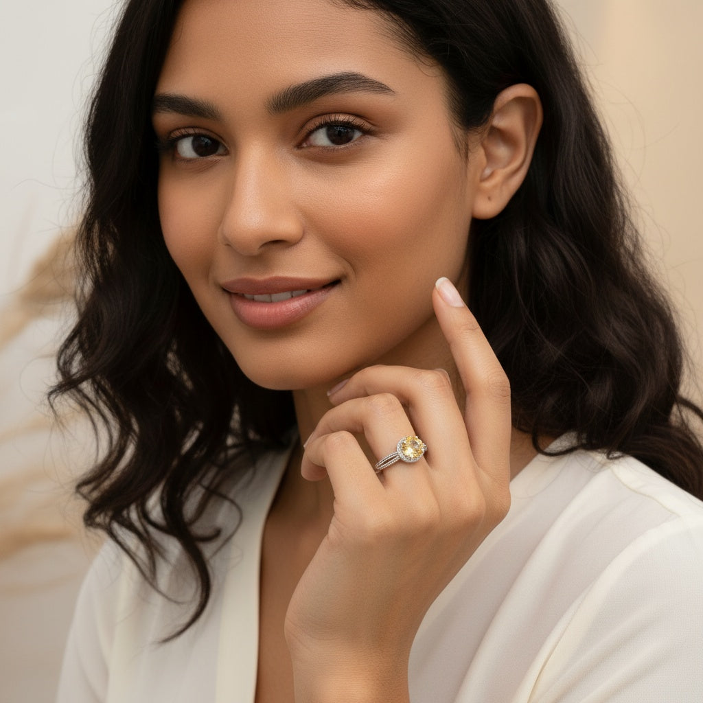 925 Sterling Silver Ring 7mm Yellow Round Natural Citrine Gemstone Zircon Women Bridal Jewelry Gift