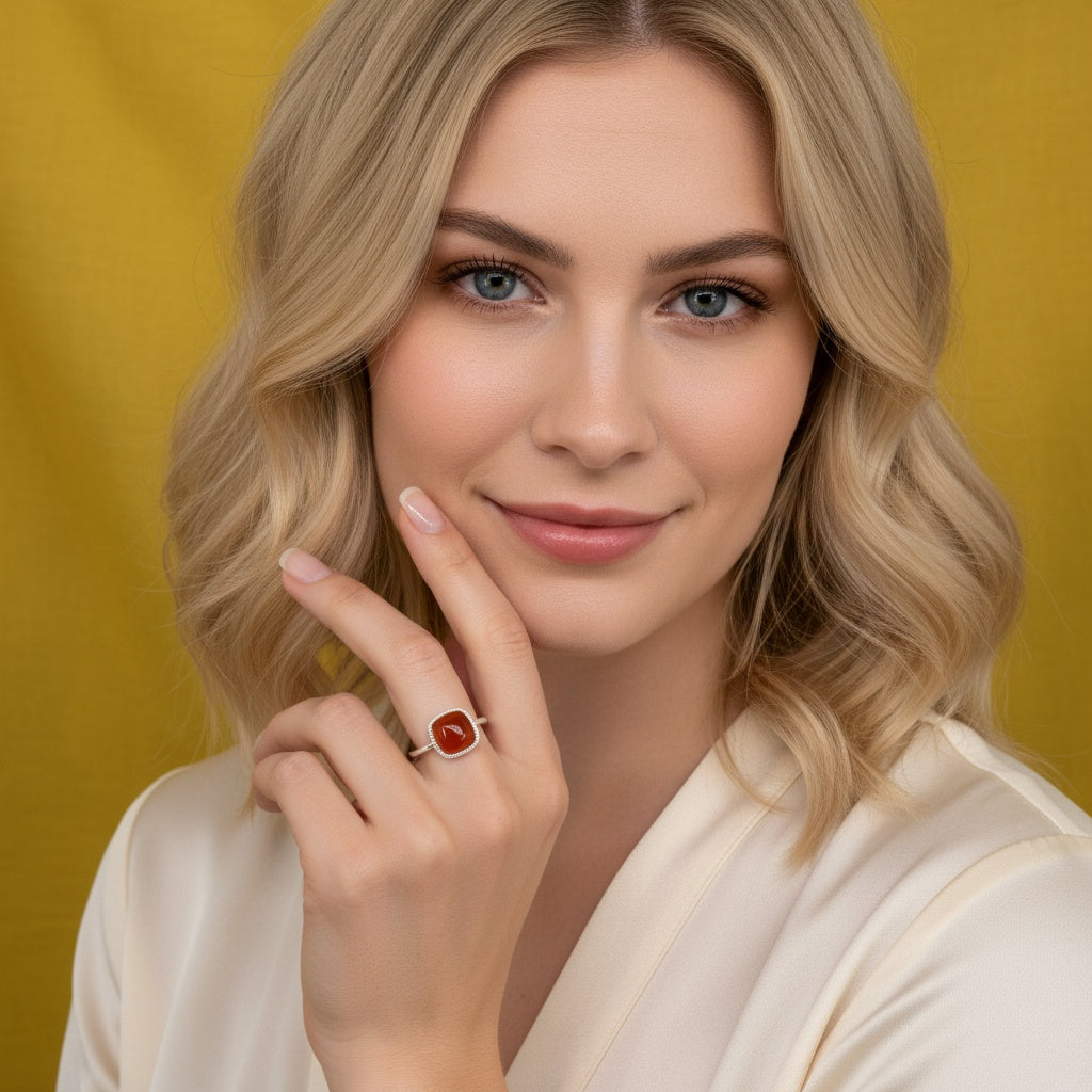 925 Sterling Silver Ring 8mm Square Red Natural Agate Gemstone Women Bridal Jewelry Cute Gift for Her