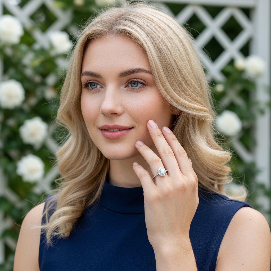 925 Sterling Silver Ring 7x5mm Blue Natural Turquoise Gemstone Zircon Jewelry Bridal Women Gift