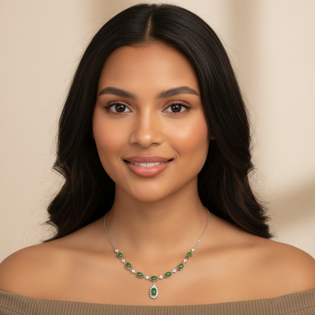 925 Sterling Silver Necklace 6x4mm Green Natural Emerald Gemstone Beaded Pendant Women Jewelry Gift