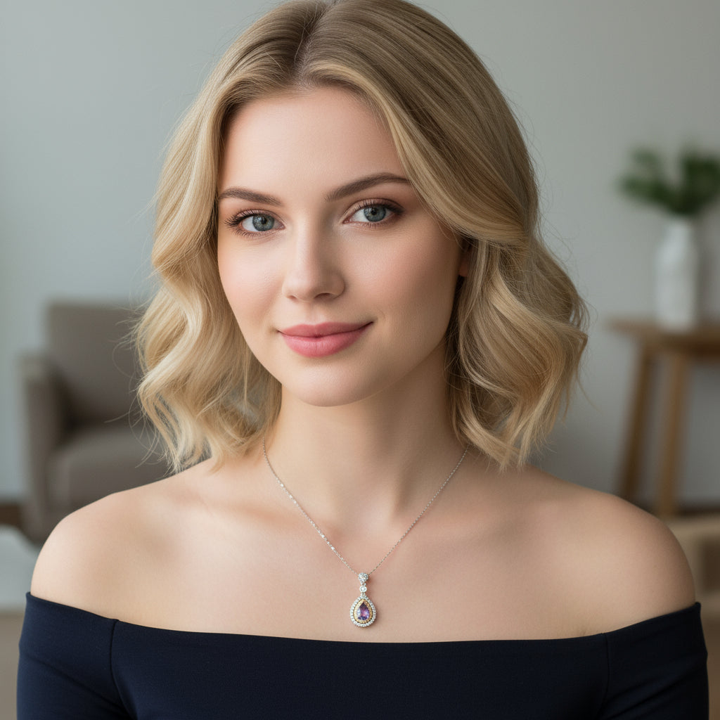 925 Sterling Silver Necklace 8x5mm Purple Natural Amethys Gemstone Zircon Teardrop Women Jewelry Gift