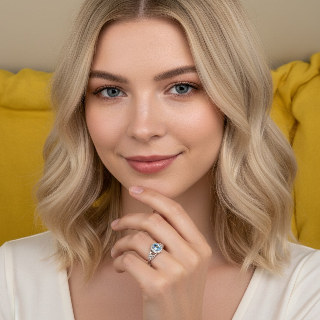 925 Sterling Silver Ring Oval 6x4mm Natural Blue Topaz Gemstone Zircon Women Bridal Engagement Jewelry Gift for Her