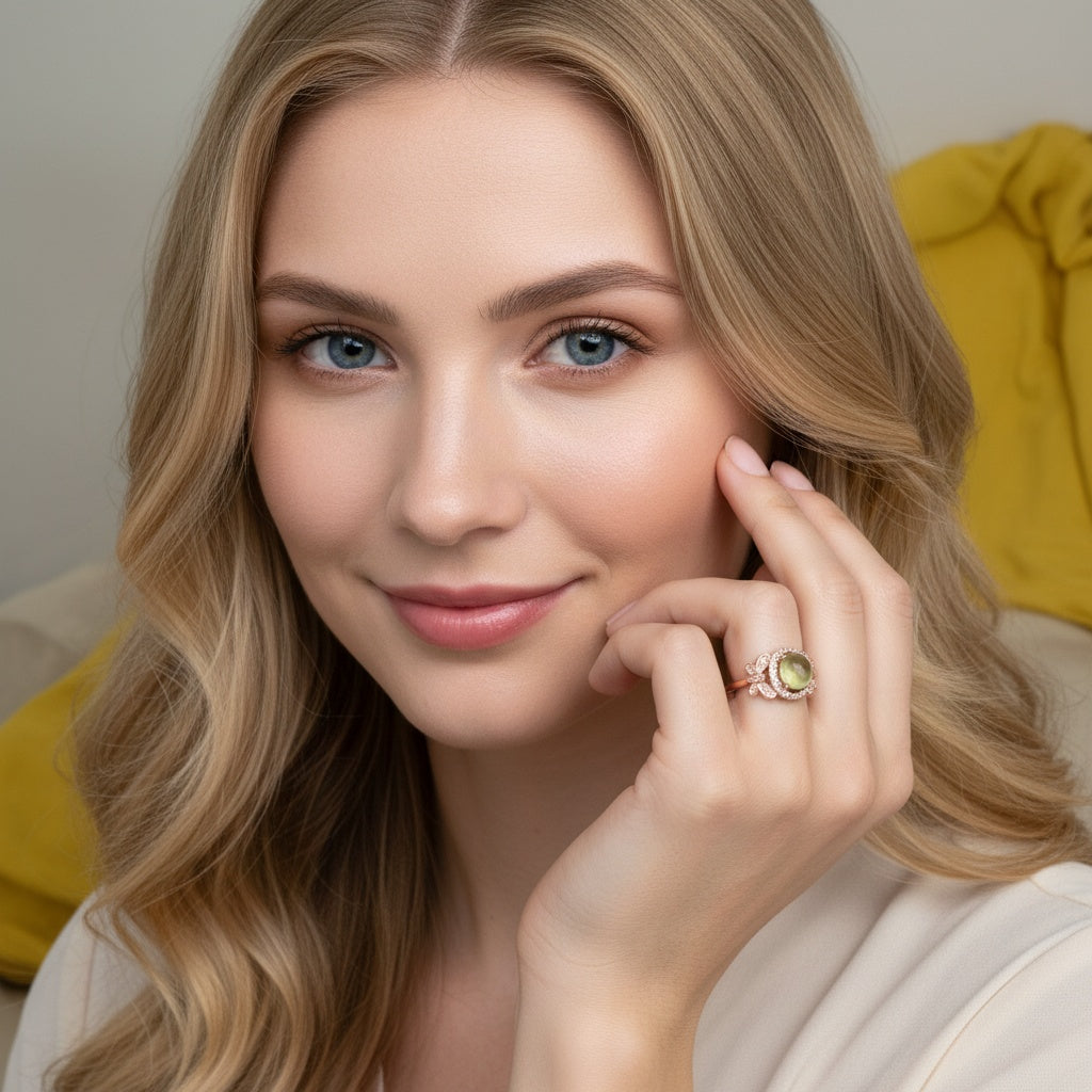 925 Sterling Silver Ring Oval 7x5mm Green Natural Prehnite Gemstone Zircon Butterfly Women Bridal Anniversay Jewelry Gift for Her