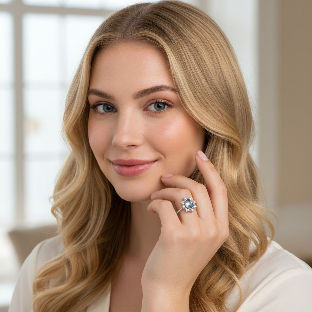 925 Sterling Silver Ring Oval 6x4mm Natural Blue Topaz Gemstone Zircon Pearl Women Bridal Jewelry Gift