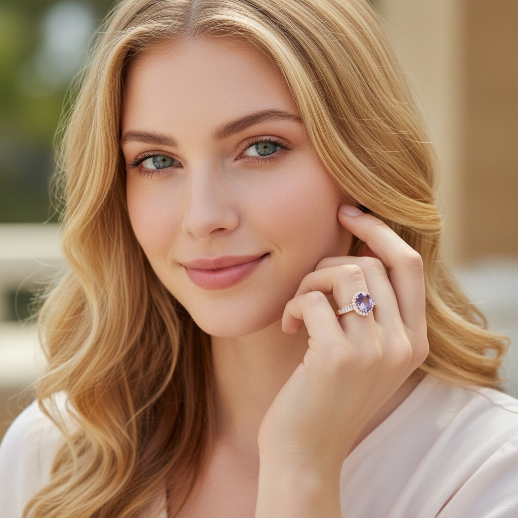 925 Sterling Silver Ring 9x6mm Purple Natural Amethyst Gemstone Zircon Women Bridal Jewelry Gift