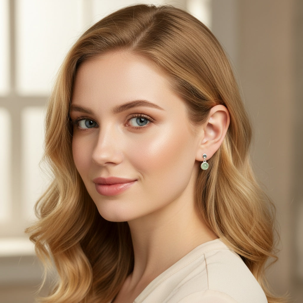 925 Sterling Silver Earrings Round 6mm Green Natural Cat Eye Gemstone Dainty Drop Women Jewelry Gift for Her, Sister