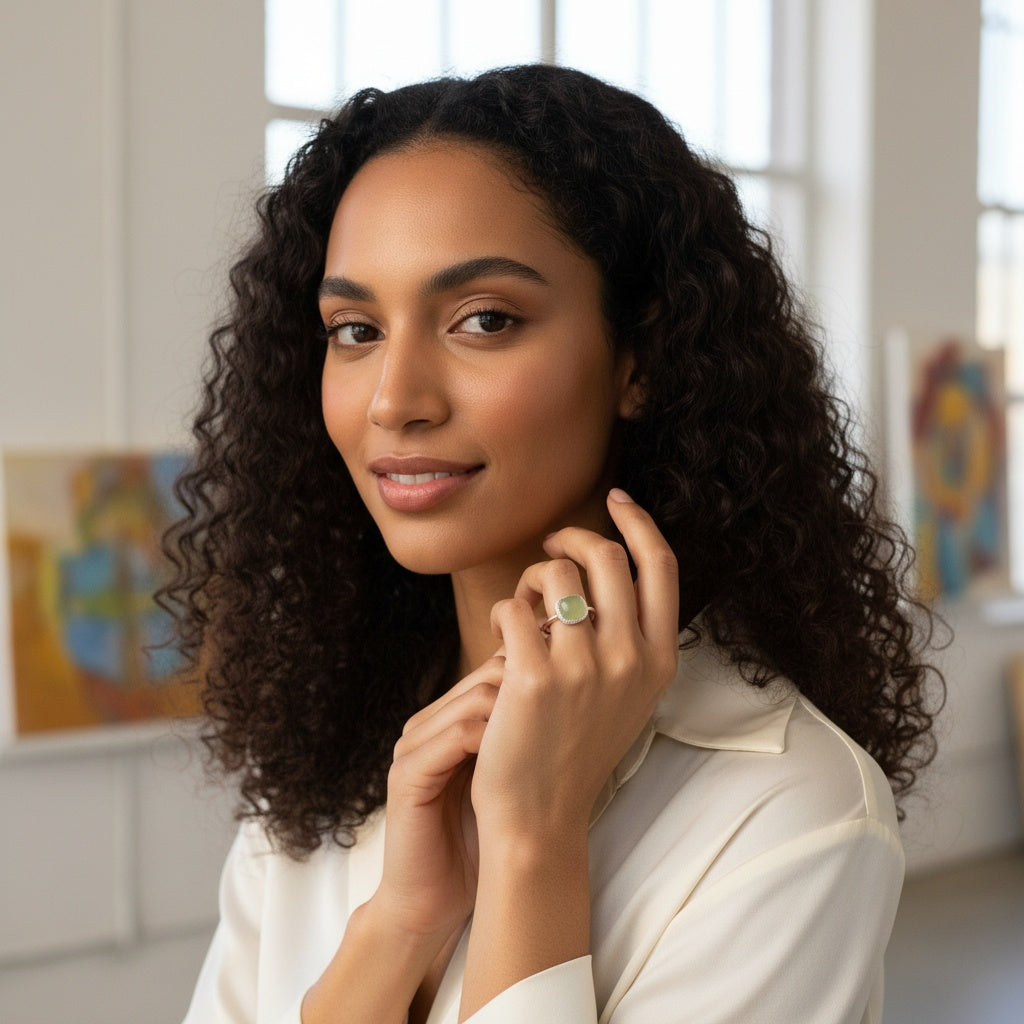 925 Sterling Silver Ring 8mm Square Natural Green Jade Gemstone Women Bridal Engagement Jewelry Gift for Her