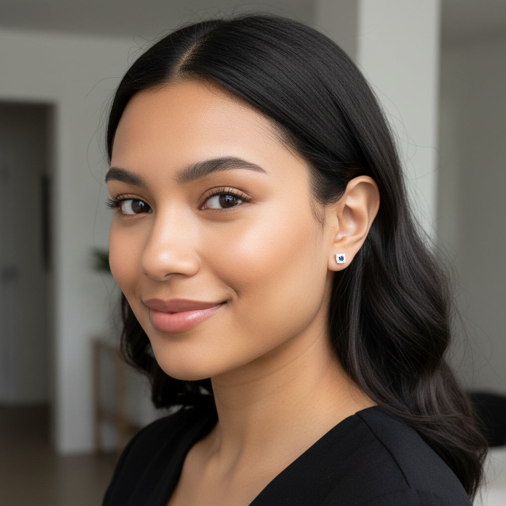 925 Sterling Silver Earrings Cube Stud 3mm Blue Natural Sapphire Gemstone Zircon Women Bridal Engagement Jewelry Gift for Her, Sister, Christmas