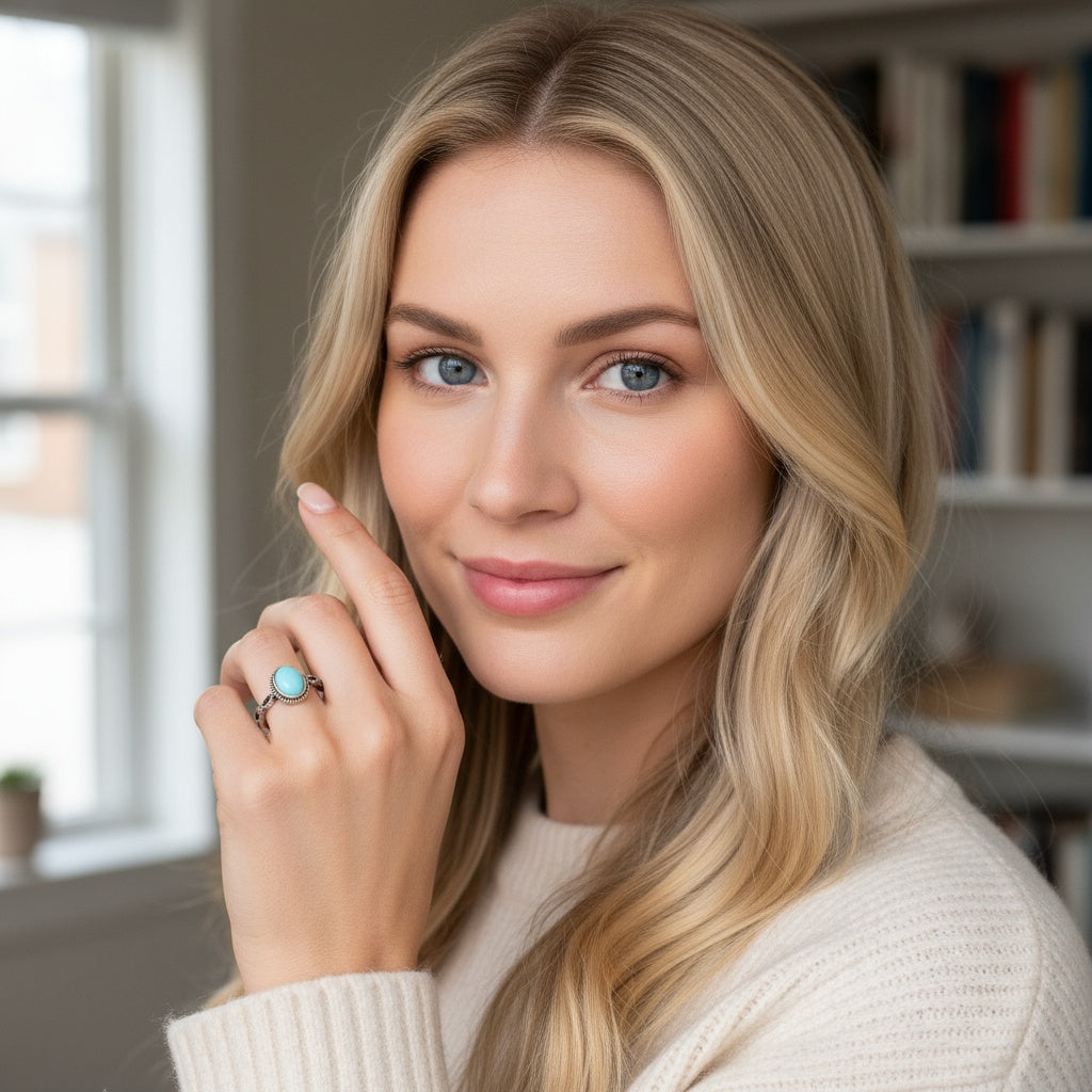 925 Sterling Silver Ring Oval 8x6mm Blue Natural Turquoise Gemstone Boho Women Cute Jewelry Gift for Her, Sister