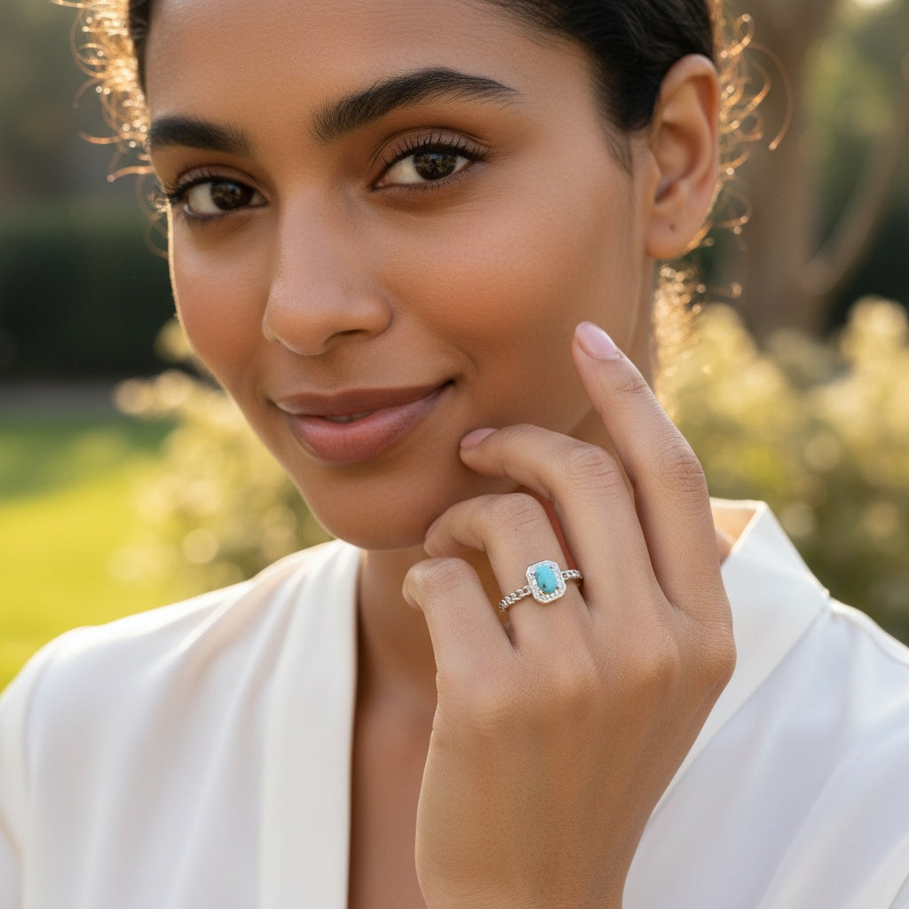 925 Sterling Silver Ring 5x3mm Blue Square Natural Turquoise Gemstone Zircon Women Bridal Jewelry Gift