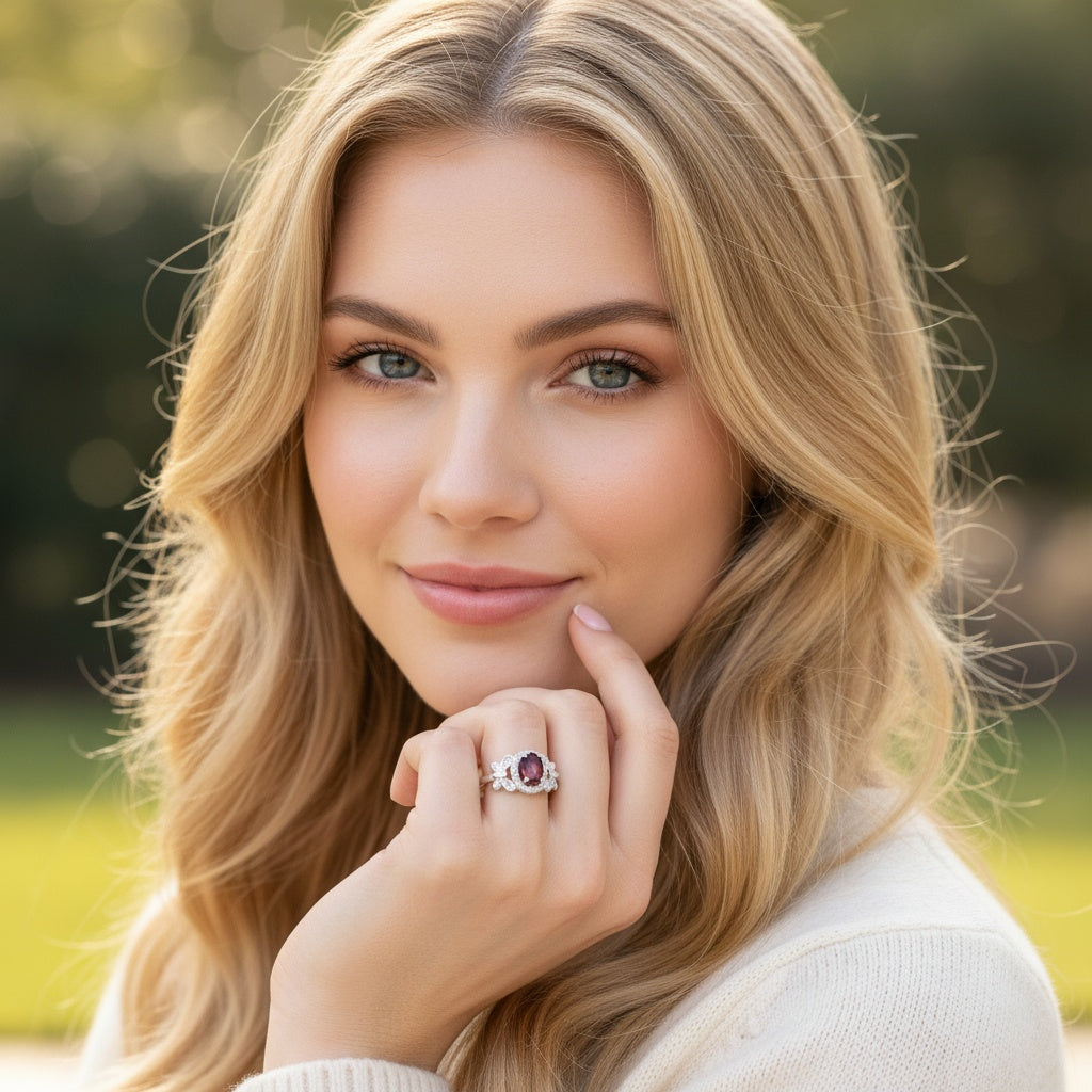 925 Sterling Silver Ring Oval 7x5mm Red Natural Rhodolite Garnet Gemstone Zircon Butterfly Women Bridal Jewelry Gift for Her, Mother