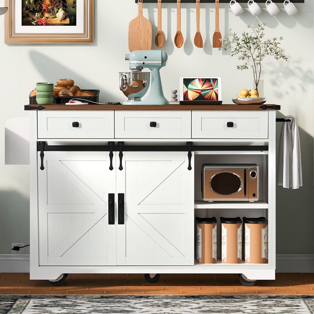 47" Farmhouse Kitchen Island with Power Outlet - 2 Sliding Barn Door with Drop Leaf & Spice Rack - Rolling Kitchen Cart on Wheels for Kitchen and Dining Room