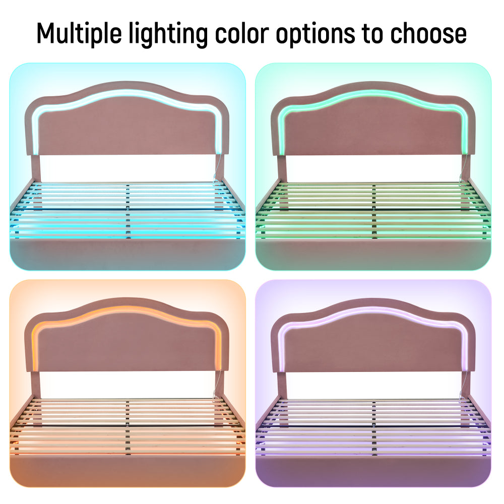 Queen Size Velvet Upholstered Smart LED Bed Frame with Adjustable Height Headboard - No Box Spring Needed - Easy Assembly