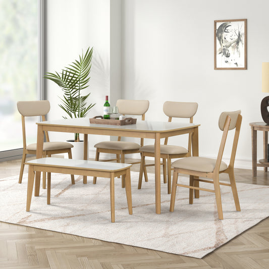 59" 6-Pieces Dining Table Set - 1 Table 1 Bench & 4 Chairs - High Gloss White Tabletop With Light Oak Color Base