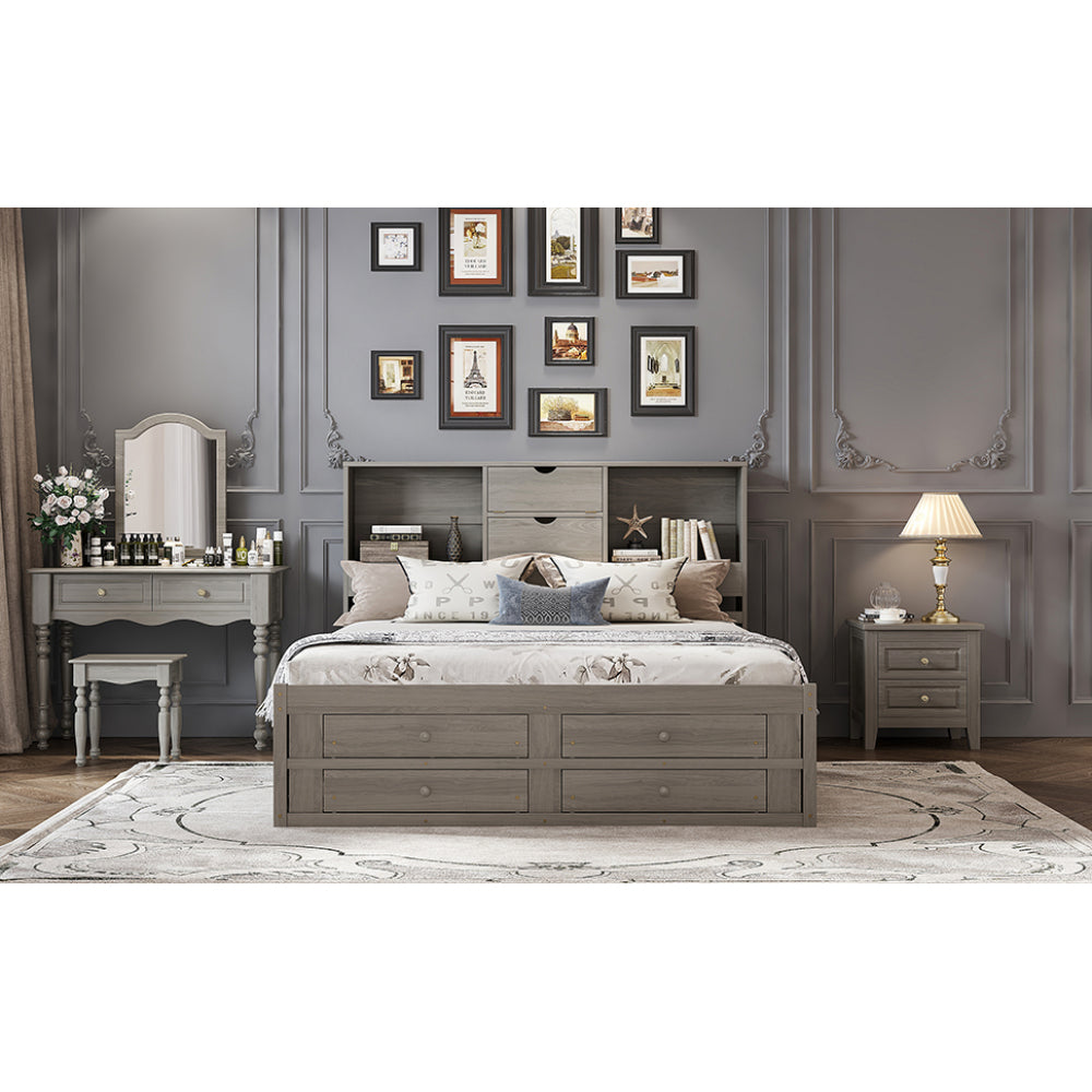 Farmhouse Platform Bed Frame with Storage Headboard - Heavy Duty Solid Bed Frame with 8 Drawers Storage