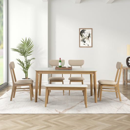 59" 6-Pieces Dining Table Set - 1 Table 1 Bench & 4 Chairs - High Gloss White Tabletop With Light Oak Color Base