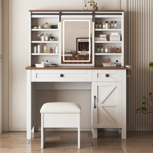 Farmhouse Makeup Vanity Table with Storage - Vanity Desk with Sliding Mirror & Lights & Hairdryer Holder & Charging Station for Bedroom