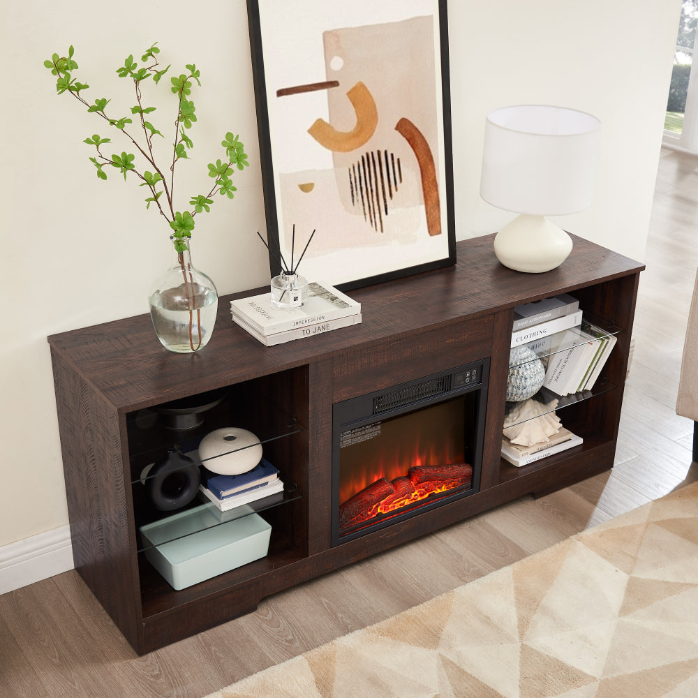 58" TV Stand with Electric Fireplace & Glass Shelves - 3D Fireplace TV Stand with LED Lights & USB Charging Outlet - Modern Television Table Center for TV up to 62" for Living Room