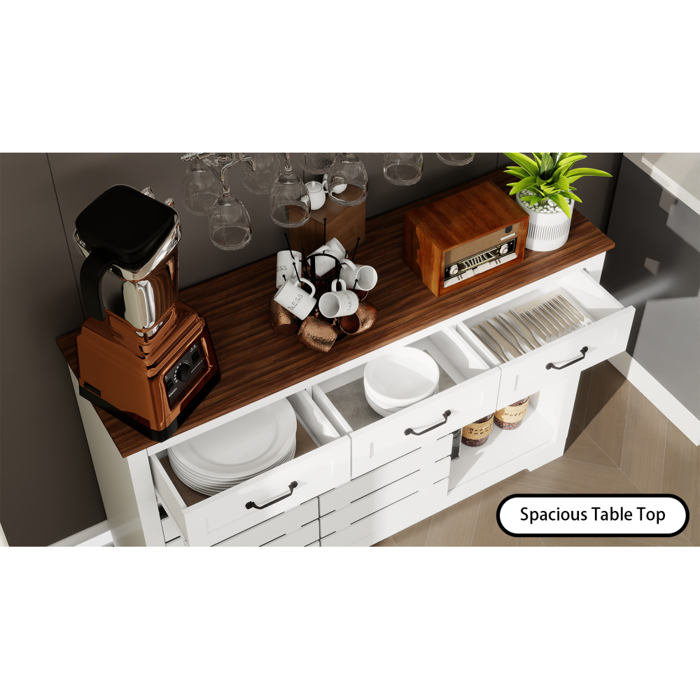 53" Farmhouse Sideboard Buffet Storage Cabinet with 3 Drawers - 2 Sliding Barn Doors & 2 Adjustable Shelves - Coffee Bar Cabinet for Kitchen & Living Room & Dining Room