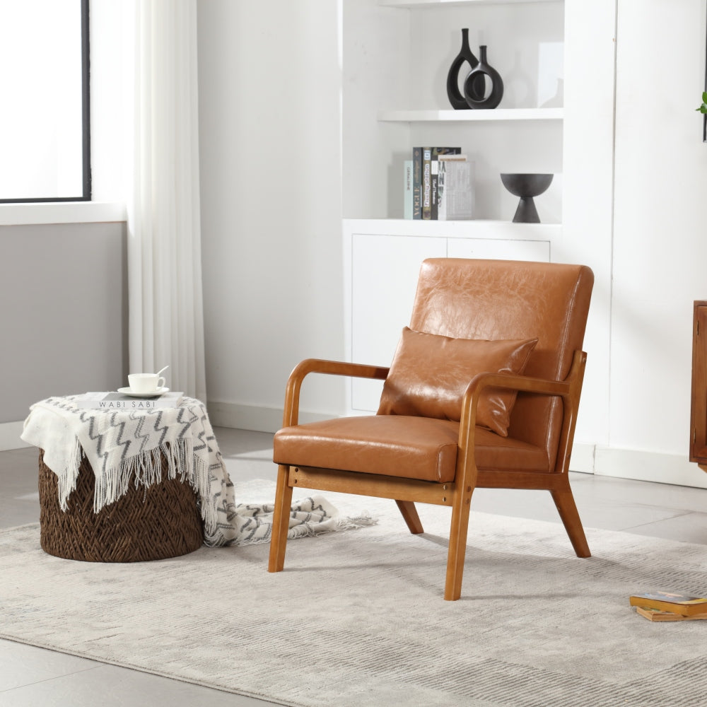 Modern Accent Chair - Solid Wood Pu Leather Padding Lounge Armchair with One Pillow for Living Room & Bedroom & Guest Room