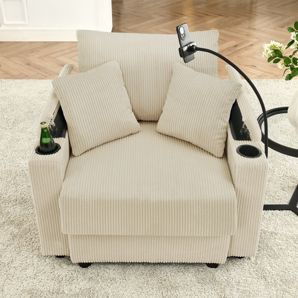 Accent Chair with Storage Armrest - Comfy Arm Chairs with 8'' Thick Cushion - 2 Cup Holders & Phone Holder for Living Room & Bedroom