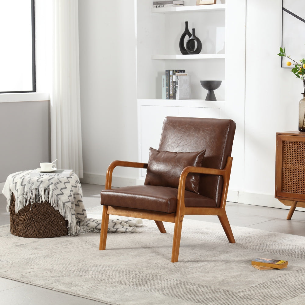 Modern Accent Chair - Solid Wood Pu Leather Padding Lounge Armchair with One Pillow for Living Room & Bedroom & Guest Room