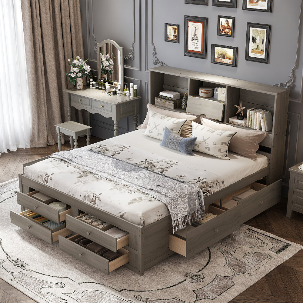 Farmhouse Platform Bed Frame with Storage Headboard - Heavy Duty Solid Bed Frame with 8 Drawers Storage