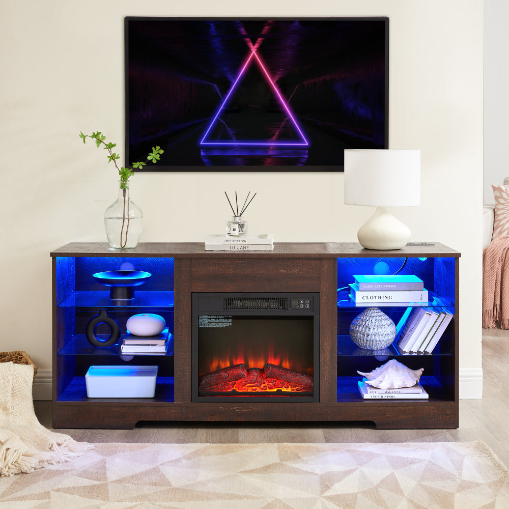 58" TV Stand with Electric Fireplace & Glass Shelves - 3D Fireplace TV Stand with LED Lights & USB Charging Outlet - Modern Television Table Center for TV up to 62" for Living Room
