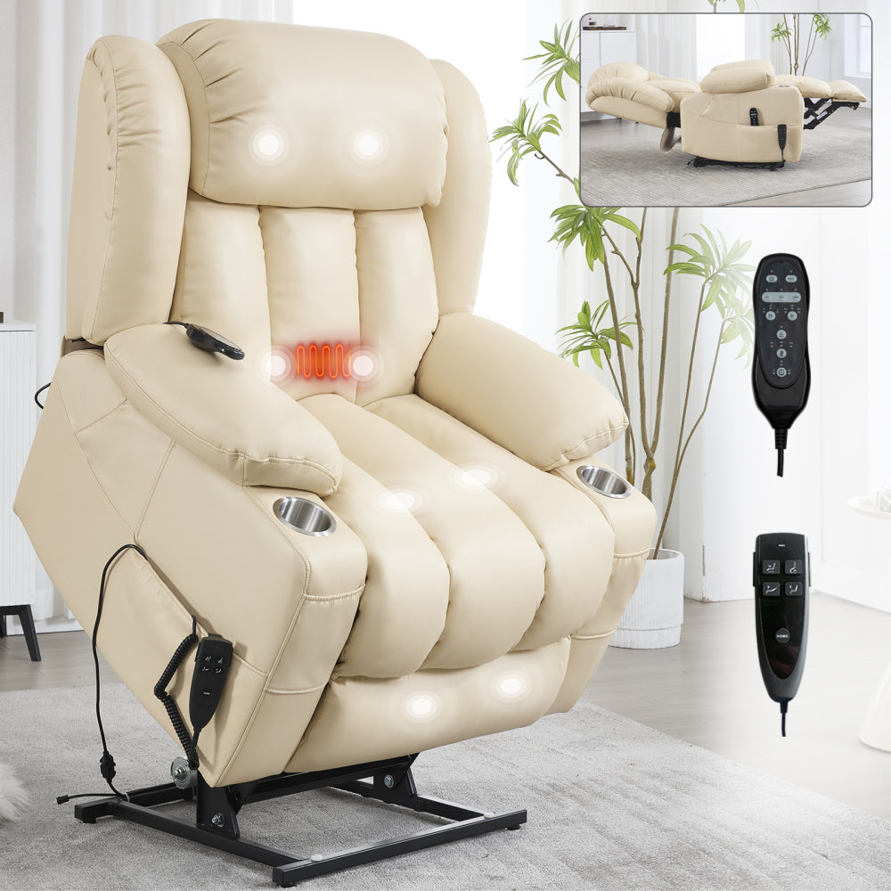 Dual Motor Power Lift Recliner Massage Chair - Infinite Position Up to 350 LBS Leatheraire Arm Chair - Heavy Duty Motion Mechanism with 8-Point Vibration and Lumbar Heating & Cup Holder