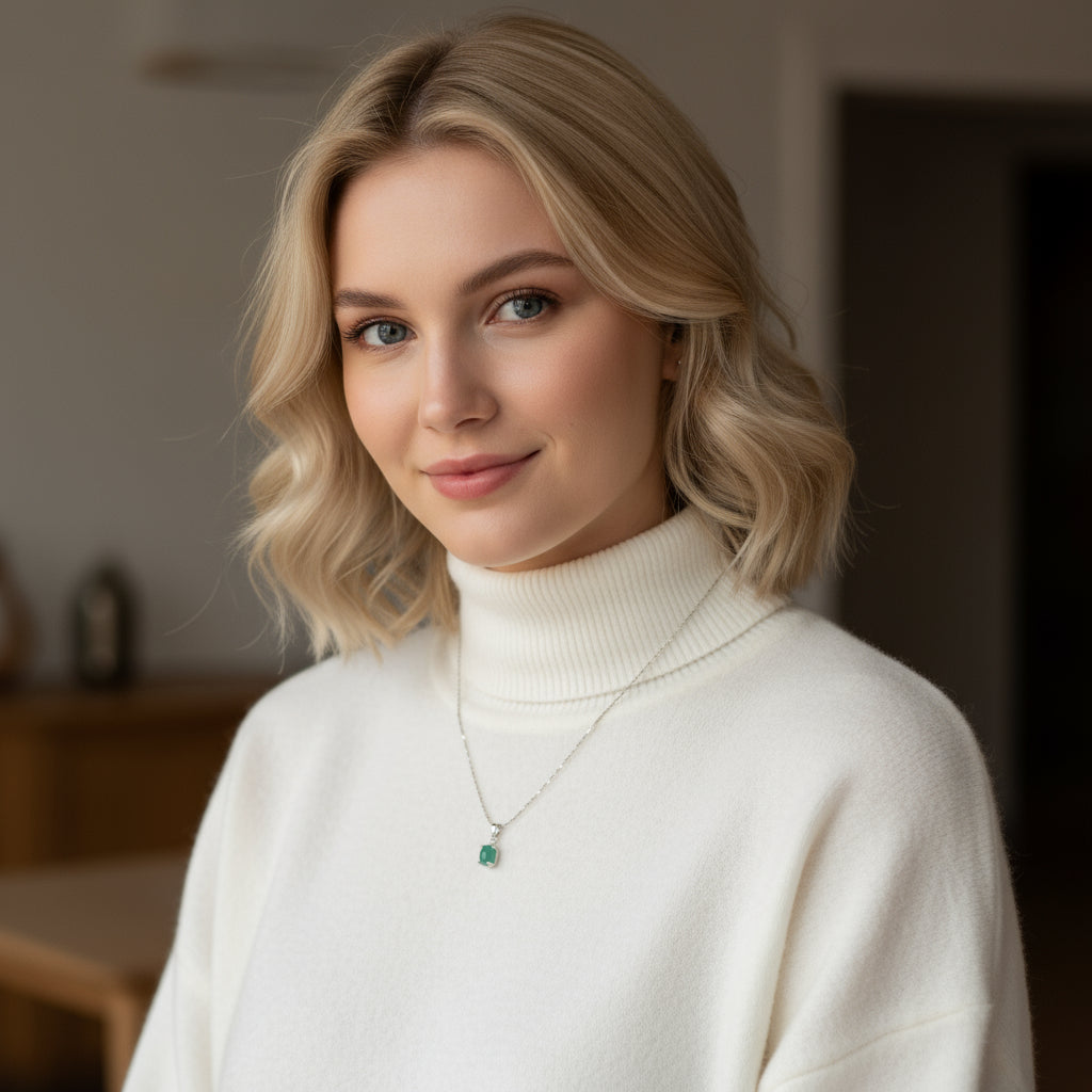 925 Sterling Silver Necklace 8x6mm Green Natural Emerald Gemstone Zircon Pendant with Chain Jewelry