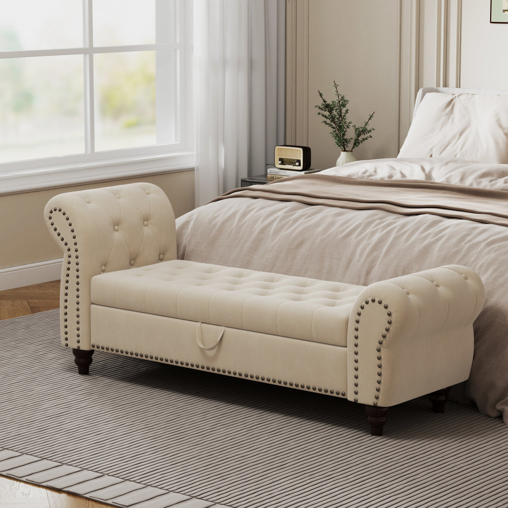 64.5" Luxury Bed Bench for Bedroom Nails Tufted Chaise of Lounge with Storage - Velvet Upholstery Bench for Living Room
