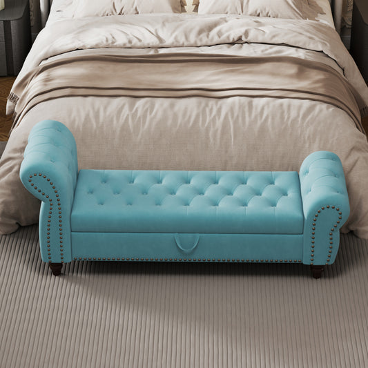64.5" Luxury Bed Bench for Bedroom Nails Tufted Chaise of Lounge with Storage - Velvet Upholstery Bench for Living Room