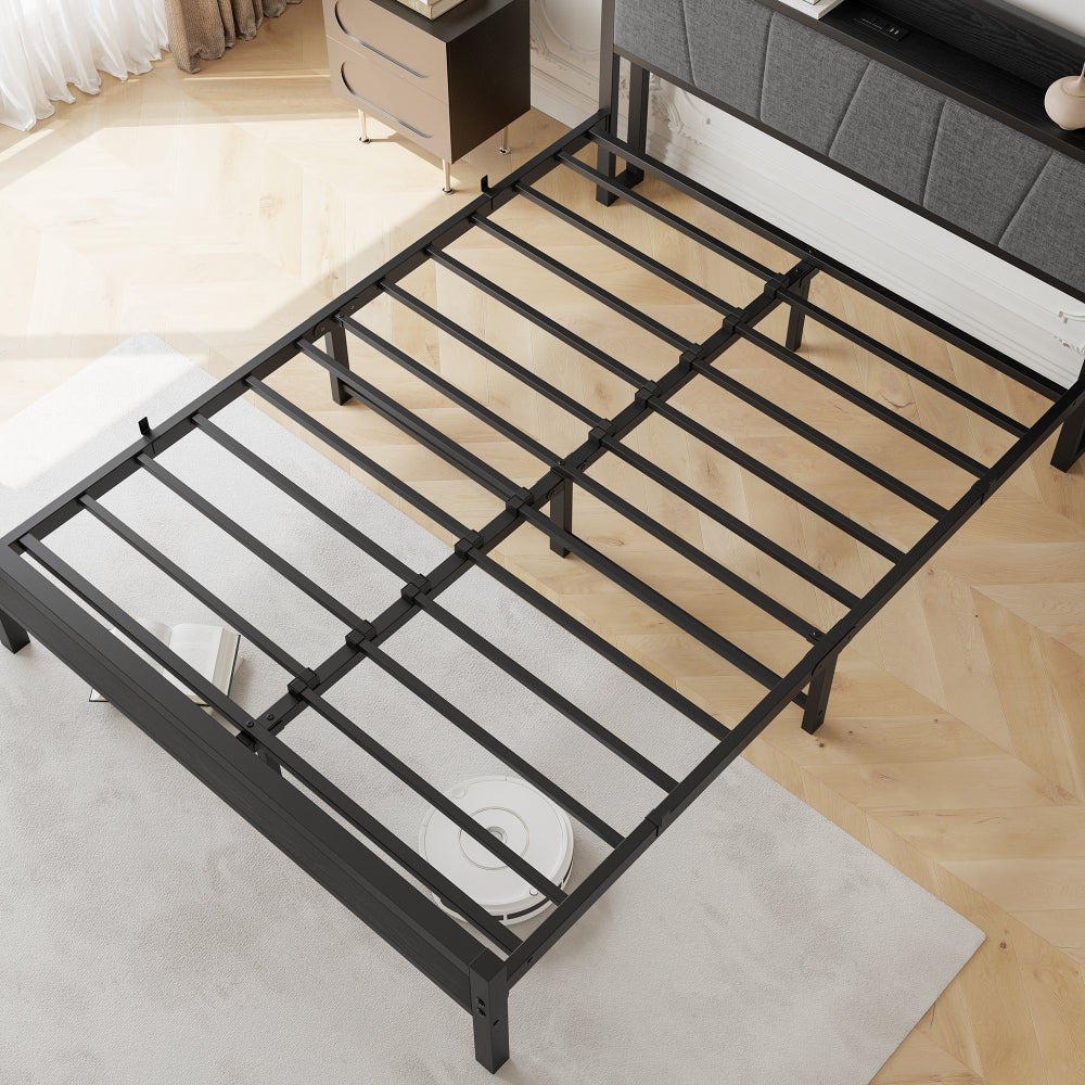 Metal Bed Frame with Storage Headboard & Charging Station - Solid and Stable/Noise Free - No Box Spring Needed