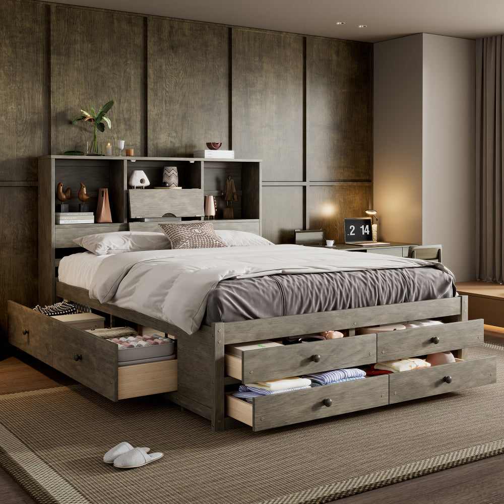 Farmhouse Platform Bed Frame with Storage Headboard - Heavy Duty Solid Bed Frame with 8 Drawers Storage