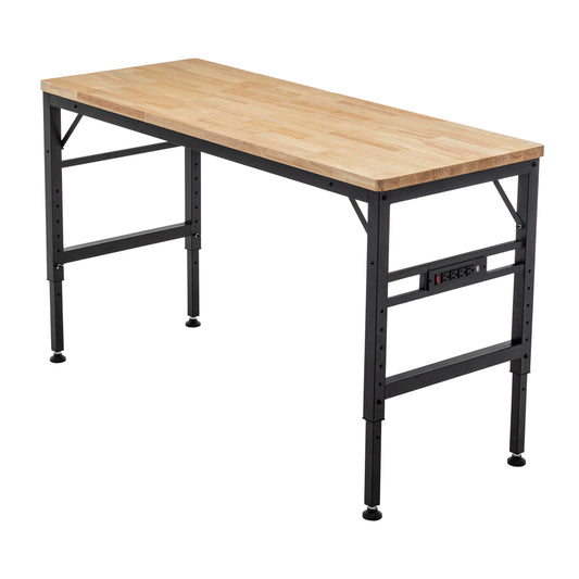 60" Adjustable Height Workbench - Rubber Wood Top Heavy Duty Workstation with Power Outlets - 2000 LBS Load Capacity Hardwood Worktable for Workshop & Garage & Home Office