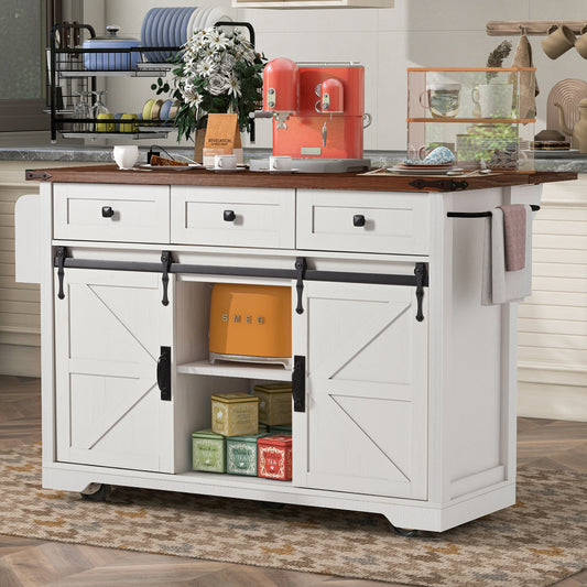 47" Farmhouse Kitchen Island with Power Outlet - 2 Sliding Barn Door with Drop Leaf & Spice Rack - Rolling Kitchen Cart on Wheels for Kitchen and Dining Room