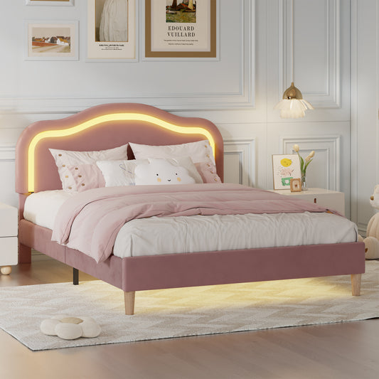 Queen Size Velvet Upholstered Smart LED Bed Frame with Adjustable Height Headboard - No Box Spring Needed - Easy Assembly