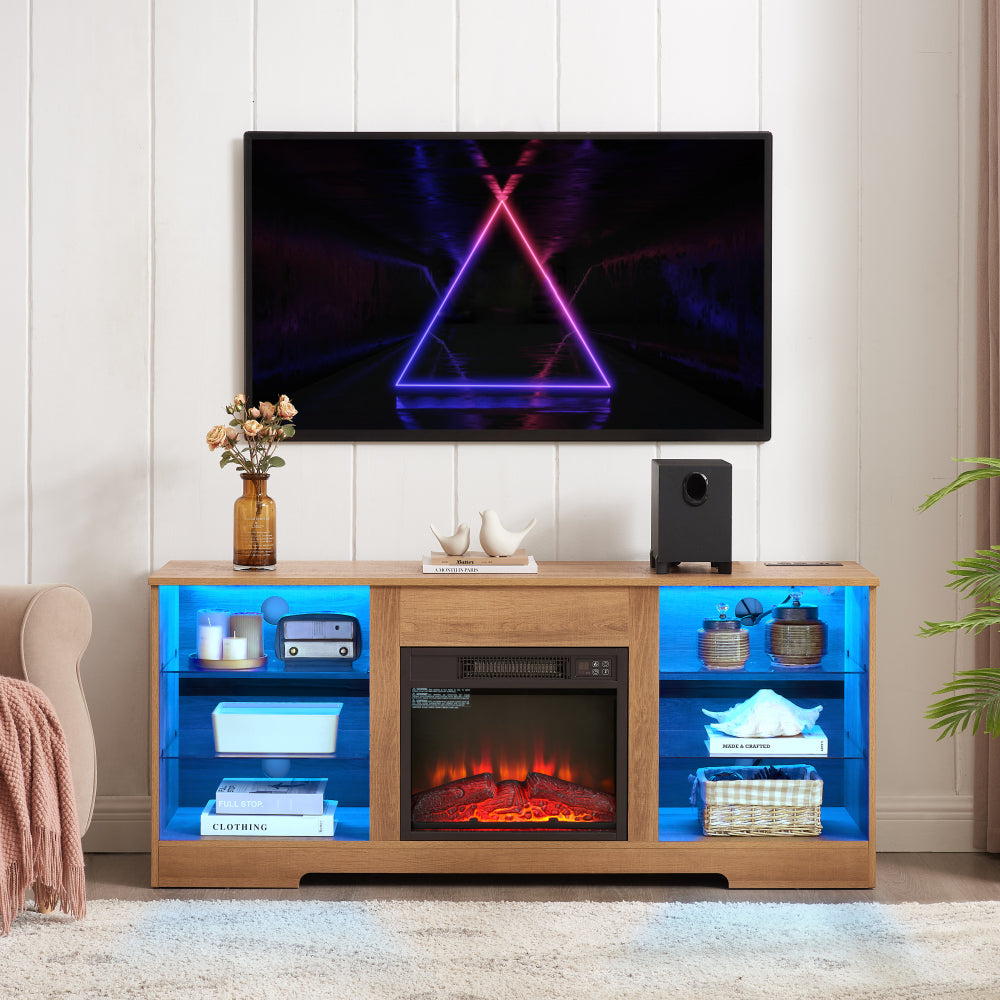 58" TV Stand with Electric Fireplace & Glass Shelves - 3D Fireplace TV Stand with LED Lights & USB Charging Outlet - Modern Television Table Center for TV up to 62" for Living Room
